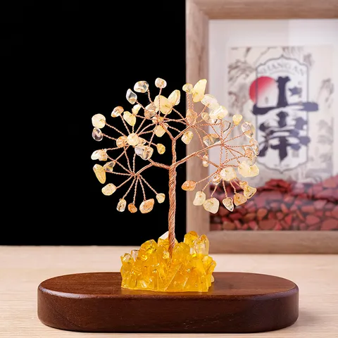 Natürlicher Kristall Geldbaum Feng Shui Bonsai Zitrin Rosenquarz Mit Kristallcluster Holzbasis Tischschmuck Heimdekor