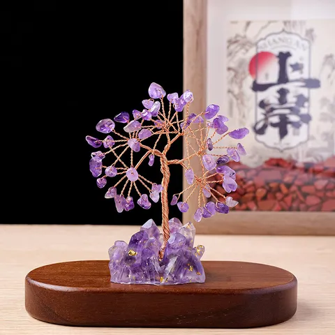 Natürlicher Kristall Geldbaum Feng Shui Bonsai Zitrin Rosenquarz Mit Kristallcluster Holzbasis Tischschmuck Heimdekor