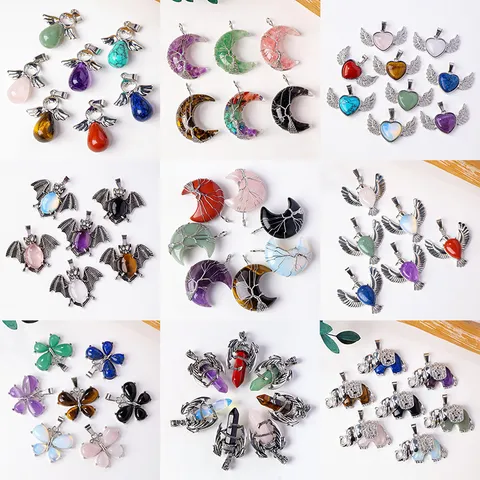 Natürlicher Kristall Achat Stein Anhänger Halskette Legierung Flügel Eule Elefant Pfeil Form Draht Umwickelt Quarz Schmuck Geschenk Für Herren Damen