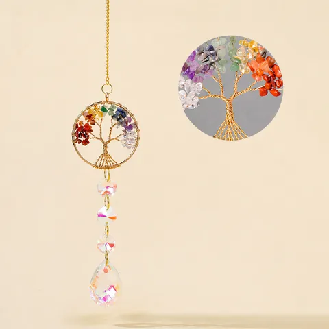 Natural Crystal Tree of Life Suncatcher Wind Chime Hanging Ornament Window Garden Home Decor Rainbow Maker Car Accessory