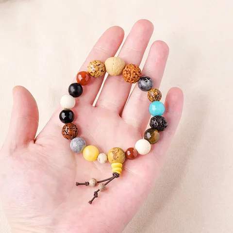 Pulsera de Cuentas de Dieciocho Semillas de Bodhi y Ágata Estilo Étnico Cuentas de Oración Budistas Brazalete Elástico Para Mujeres Hombres Joyería Regalo