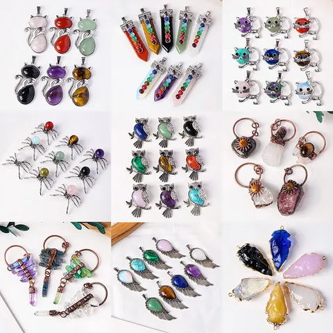 Natürlicher Kristall Achat Stein Anhänger Halskette Legierung Flügel Eule Elefant Pfeil Form Draht Umwickelt Quarz Schmuck Geschenk Für Herren Damen