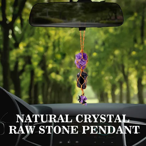 Pendaglio da Auto in Pietra Grezza di Cristallo Naturale Ciondolo a Rete Intrecciato a Mano Ametista Quarzo Specchietto Retrovisore Decorazioni Casa