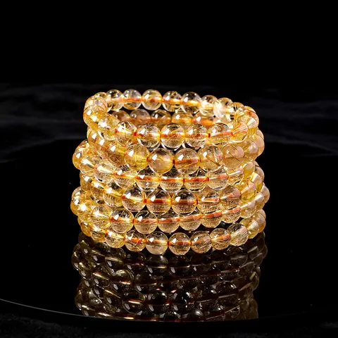 Natural Gold Rutilated Quartz Bracelet For Men Women Healing Crystal Beads Bracelet Golden Titanium Hair Quartz Stretch Bracelet Jewelry