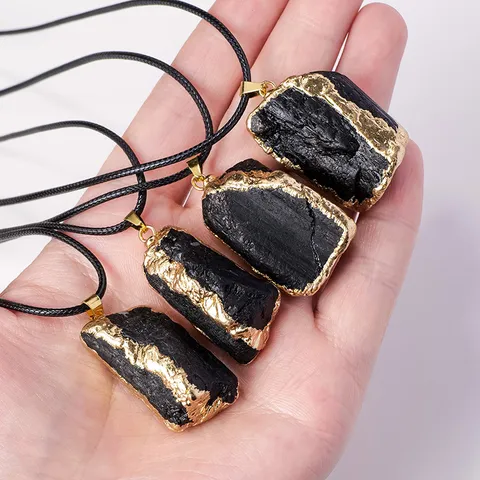 Natural Black Tourmaline Raw Stone Gilded Pendant Necklace Irregular Crystal Mineral Pendant With Black Leather Cord For Men Women Modern Casual Daily Jewelry