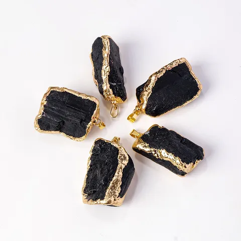 Natural Black Tourmaline Raw Stone Gilded Pendant Necklace Irregular Crystal Mineral Pendant With Black Leather Cord For Men Women Modern Casual Daily Jewelry