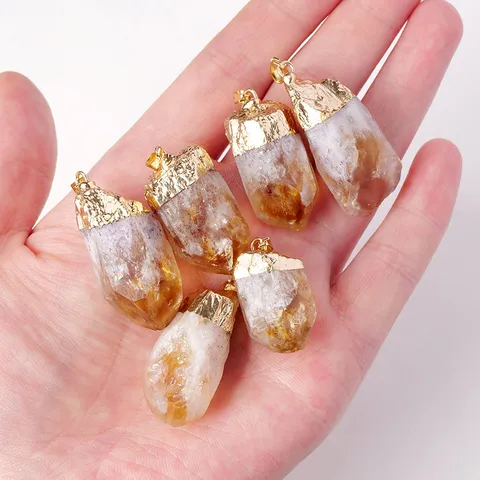 Natuurlijke Citrien Ruwe Steen Hanger Ketting Voor Mannen Vrouwen Onregelmatige Kristallen Tand Vergulde Rand Trui Ketting Sieraden