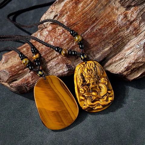 Collier Pendentif Dragon Singe en Pierre d Oeil de Tigre Naturelle Sculpté à la Main Amulette de Cristal de Chance pour Hommes Femmes