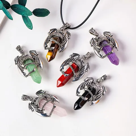 Natural Crystal Hexagonal Pillar Flying Dragon Pendant Necklace Mythical Gothic Amethyst Rose Quartz Tigers Eye Stone Pendant Jewelry For Men Women