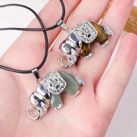 Natürlicher Kristall Elefant Anhänger Halskette Für Damen Legierung Strass Eingelegter Tier Heilstein Pullover Kette Schmuck Geschenk