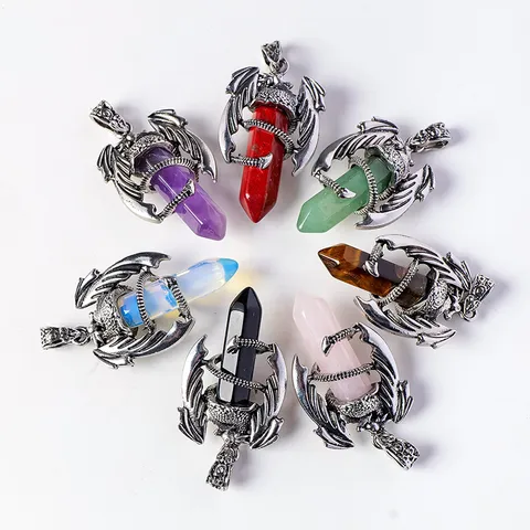 Natural Crystal Hexagonal Pillar Flying Dragon Pendant Necklace Mythical Gothic Amethyst Rose Quartz Tigers Eye Stone Pendant Jewelry For Men Women