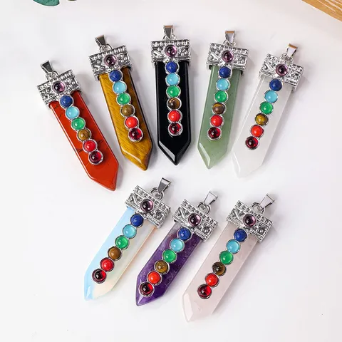 Natürlicher Kristall Achat Schwert Anhänger Kette Sieben Chakren Heilung Halbedelstein Sechseckiges Prisma Vintage Legierung Strass Anhänger Für Unisex Yoga Meditation Schmuck Geschenk