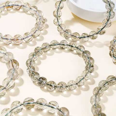 Natural Green Rutilated Quartz Round Bead Bracelet For Men Women Green Tourmaline Crystal Beaded Hand String Jewelry Accessories
