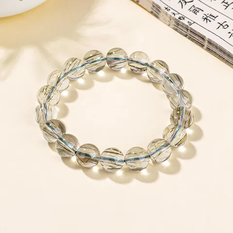 Natural Green Rutilated Quartz Round Bead Bracelet For Men Women Green Tourmaline Crystal Beaded Hand String Jewelry Accessories
