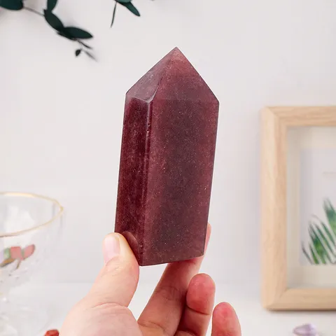 Natural Strawberry Quartz Crystal Obelisk Wand Red Mineral Single Pointed Hexagonal Pillar Office Desktop Healing Stone Ornament Decor