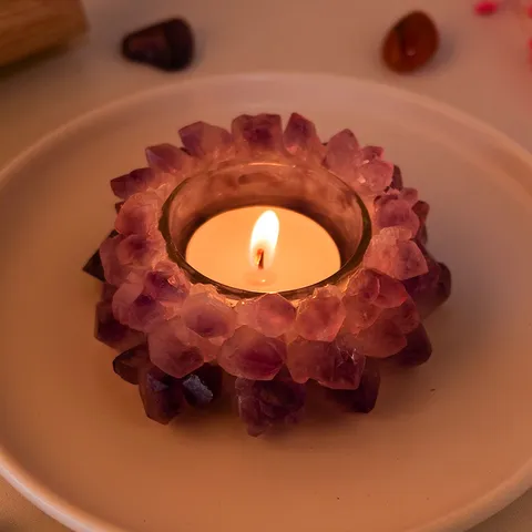 Natürlicher Amethyst Cluster Kerzenhalter Lila Roher Kristall Druzy Blume Kerze Tasse Glas Haus Dekor Weihnachten Deko Tisch Ornament