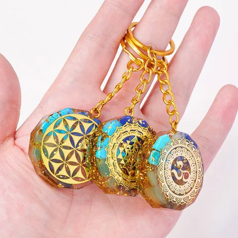 Natural Crystal Stone Orgone Pendant Keychain Life of Flower Om Sri Yantra Resin Energy Stone Car Bag Accessories Spiritual Gift