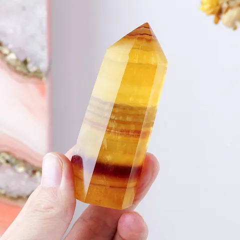 Natural Yellow Fluorite Crystal Pillar Healing Obelisk Single Point Hexagonal Wand Office Desktop Ornament Home Decor