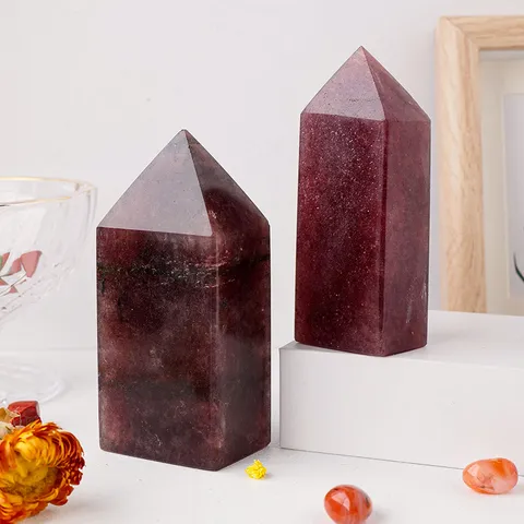 Natural Strawberry Quartz Crystal Obelisk Wand Red Mineral Single Pointed Hexagonal Pillar Office Desktop Healing Stone Ornament Decor