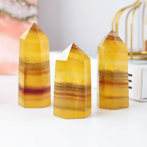Natural Yellow Fluorite Crystal Pillar Healing Obelisk Single Point Hexagonal Wand Office Desktop Ornament Home Decor