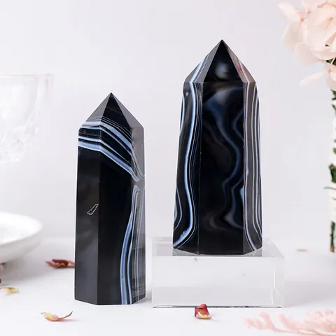 Natural Black Silk Banded Agate Hexagonal Pillar Crystal Stone Point Polished Healing Obelisk For Home Office Decor