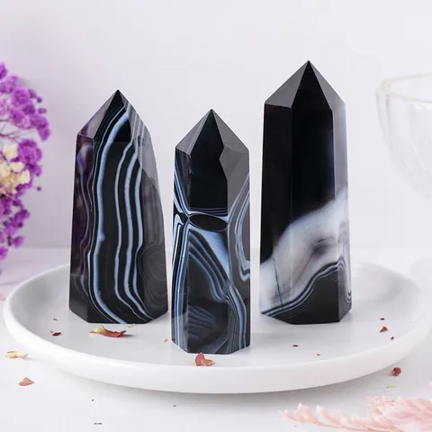 Natural Black Silk Banded Agate Hexagonal Pillar Crystal Stone Point Polished Healing Obelisk For Home Office Decor