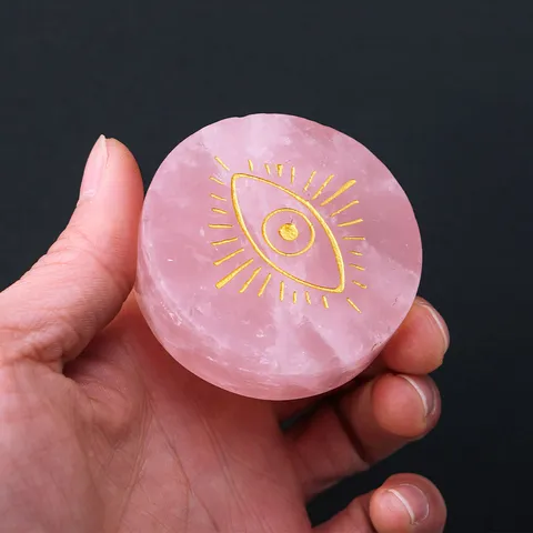 Natural Rose Quartz Round Disk Gold Laser Engraved Mystical Sun Moon Evil Eye Pattern Healing Crystal Plate For Home Meditation Decor