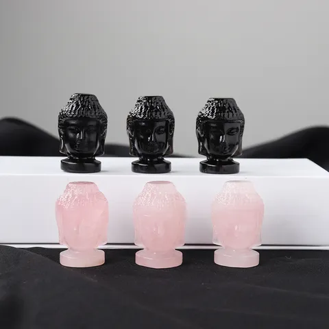 Natural Crystal Buddha Head Statue Obsidian Rose Quartz Mini Figurine Hand Carved Healing Stone Ornament For Home Decor Spiritual Gift