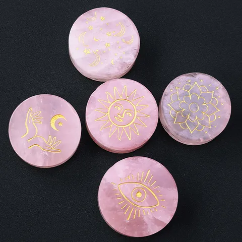 Natural Rose Quartz Round Disk Gold Laser Engraved Mystical Sun Moon Evil Eye Pattern Healing Crystal Plate For Home Meditation Decor