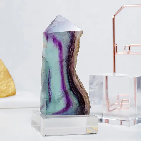 Natural Rainbow Fluorite Crystal Tower Column Purple Green Blue Healing Stone Pointed Prism Hexagonal Wand Desktop Decor Ornament
