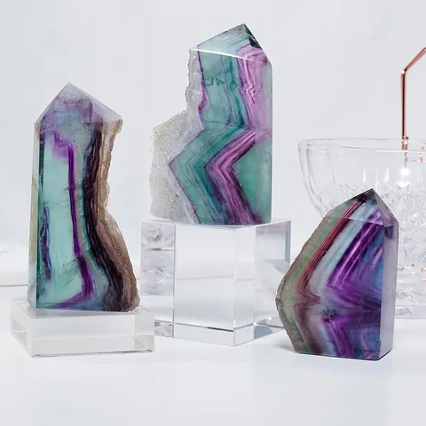 Natural Rainbow Fluorite Crystal Tower Column Purple Green Blue Healing Stone Pointed Prism Hexagonal Wand Desktop Decor Ornament