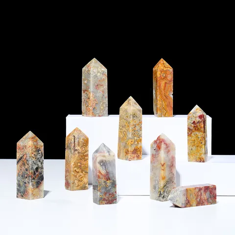 Natural Crazy Agate Quartz Crystal Obelisk Point Hexagonal Prism Pillar Wand Specimen For Home Office Desktop Decor Healing