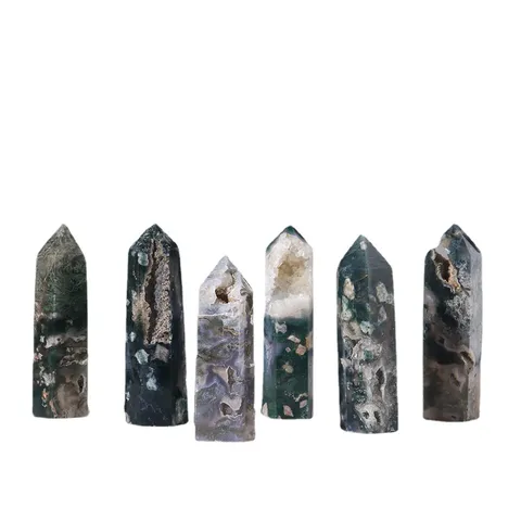 Natural Moss Agate Crystal Point Hexagonal Single Point Pillar With Geode Hand Polished Desktop Ornament Gemstone Crystal Wand Green Moss Agate Decor