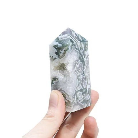 Natural Green Moss Agate Crystal Tower Point Hand Polished Single Pointed Quartz Geode Healing Stone Wand Home Decor Ornament