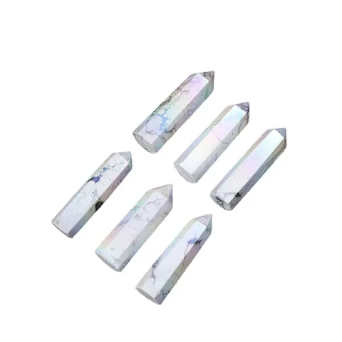 Natural White Turquoise Rainbow Electroplated Hexagonal Column Point Crystal Tower Single Point Healing Stone Desktop Ornament Home Decor
