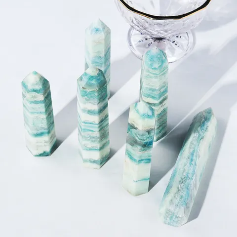 Natural Crystal Point Hexagonal Wand Blue Vein Quartz Single Point Energy Prism Tower Stone Desktop Ornament For Home Office Decor
