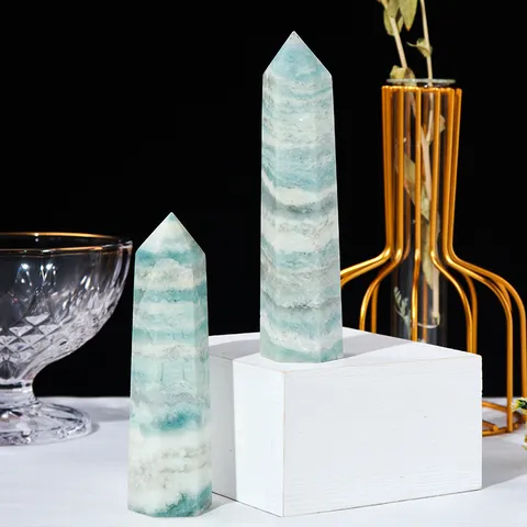 Natural Crystal Point Hexagonal Wand Blue Vein Quartz Single Point Energy Prism Tower Stone Desktop Ornament For Home Office Decor