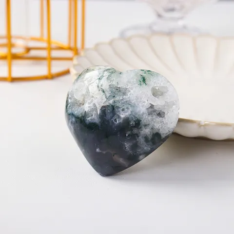 Natural Moss Agate Heart Shaped Polished Crystal Healing Energy Stone For Home Decor Handheld Meditation Stone Ornament