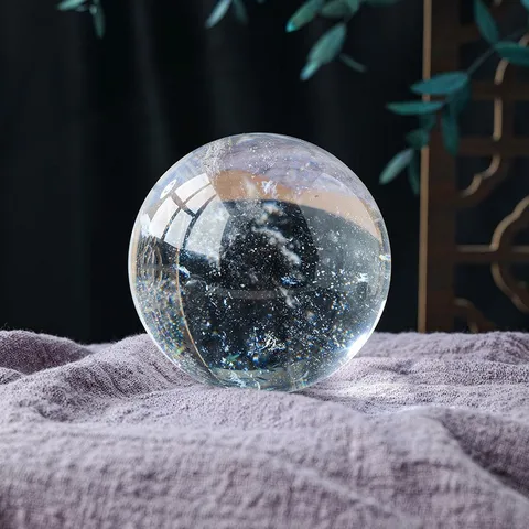 Natural Clear Crystal Ball Ornament Polished Smelted Quartz Sphere Feng Shui Healing Decor With Wooden Base For Home Office