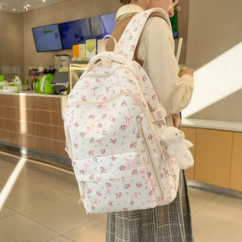 Casual Nylon Floral Backpack Lightweight Large Capacity School Bookbag For Women College Students Travel Daypack