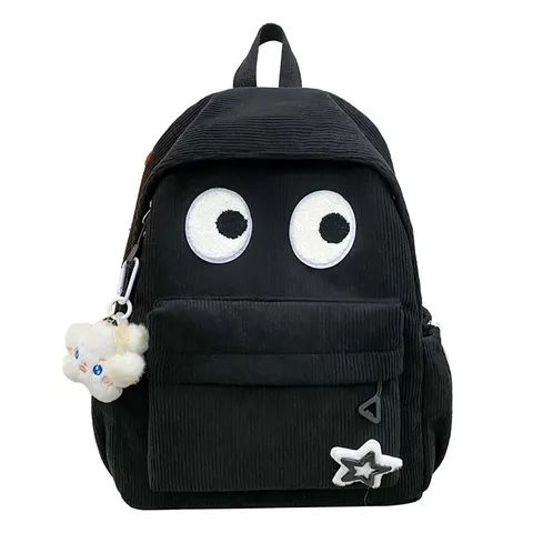 Women's Casual Corduroy Backpack Large Capacity Cute Big Eye School Bag Travel Daypack