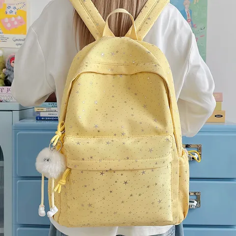 Women School Casual Nylon Backpack Star Print Large Capacity Bookbag With Cute Pendant Laptop Bag
