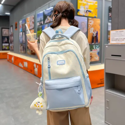 Casual College Student Nylon Backpack Large Capacity Waterproof Color Blocking School Bag Lightweight Youth Daypack