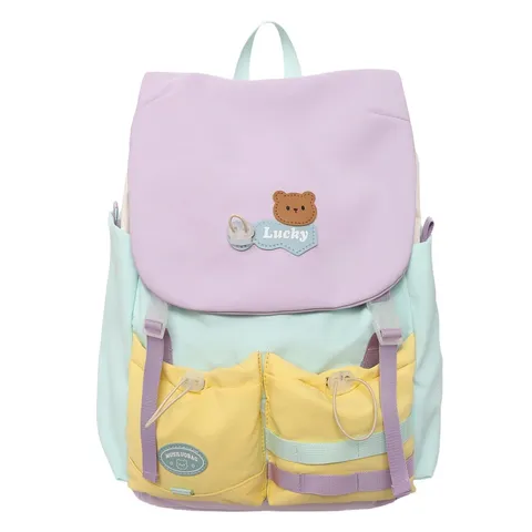 Casual Nylon Colorblock Backpack For Women Large Capacity School Bag Versatile Daily Travel Bookbag With Multi Pockets