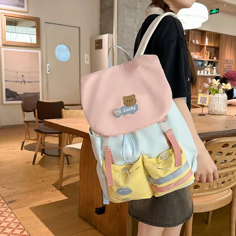 Casual Nylon Colorblock Backpack For Women Large Capacity School Bag Versatile Daily Travel Bookbag With Multi Pockets