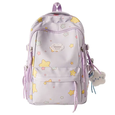 Women And Girls School Casual Nylon Backpack With Star Pattern And Cute Pendant Large Capacity Daily Daypack