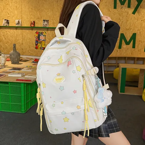 Women And Girls School Casual Nylon Backpack With Star Pattern And Cute Pendant Large Capacity Daily Daypack