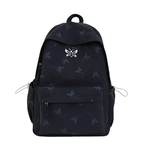 Women Casual Nylon Backpack Large Capacity School Bag With Butterfly Print Minimalist Travel Daypack Bookbag