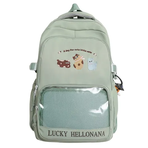 Girls Cute Cat Embroidery Large Capacity School Backpack Nylon Casual Travel Bookbag with Transparent Pocket