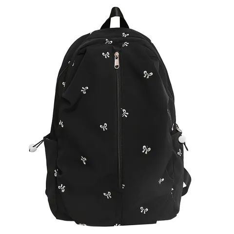 Girls Cute Bow Embroidery Backpack Casual Nylon School Bookbag Simple Versatile Daypack Student Travel Bag